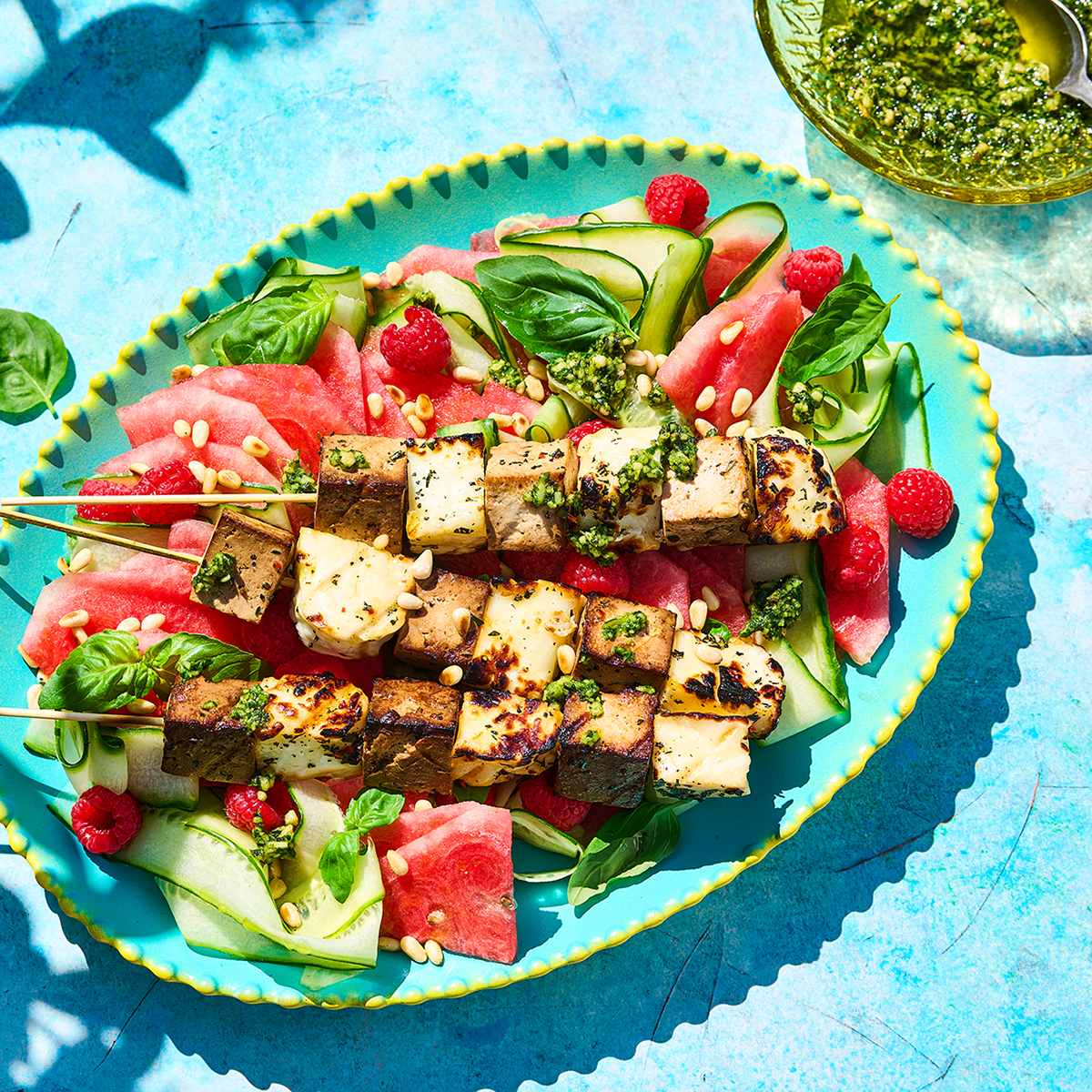 Halloumi spiesen met watermeloensalade