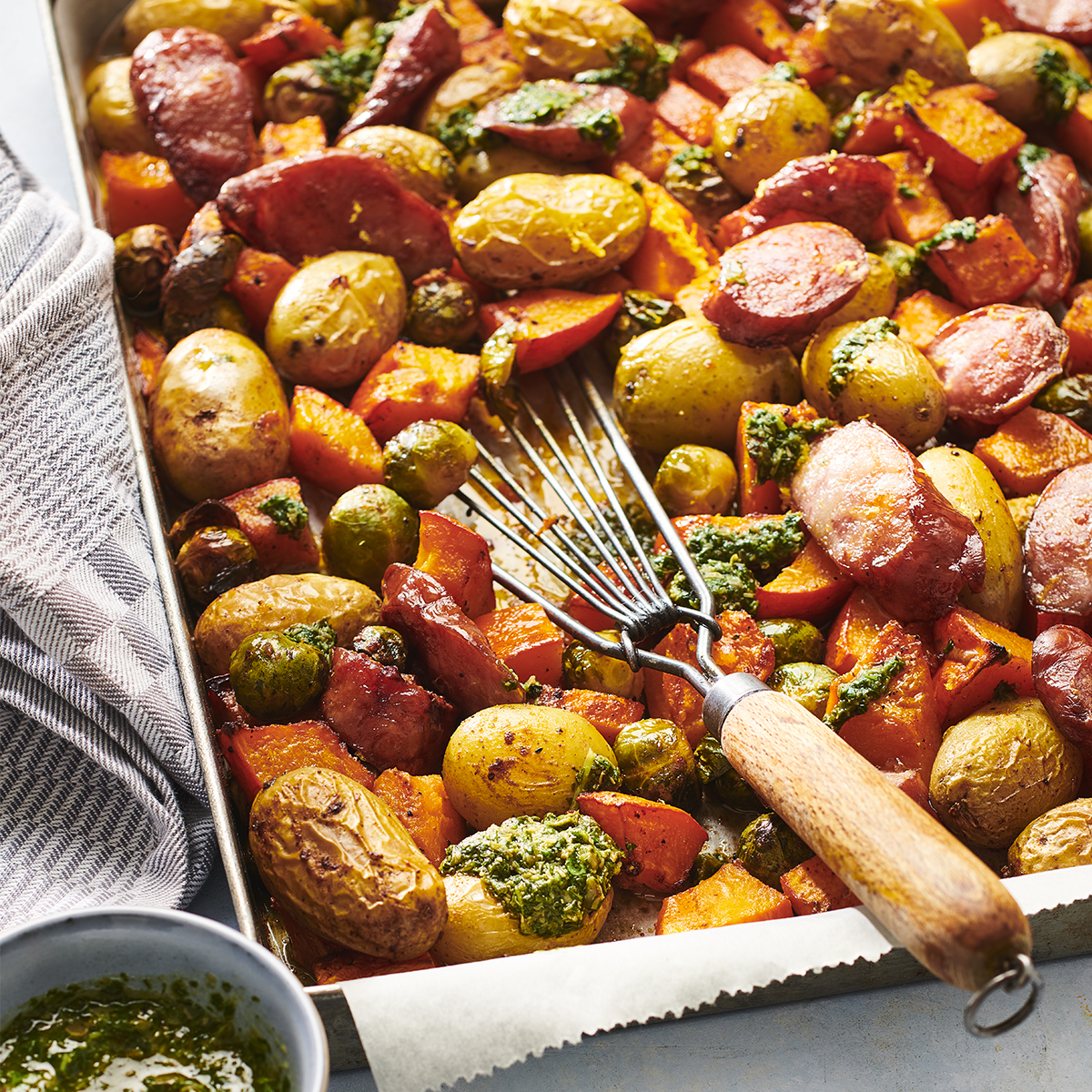 Traybake spruiten en pompoen