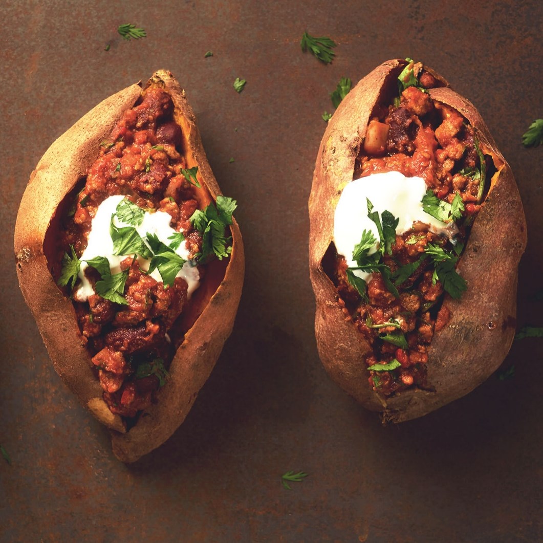Quorn Zoete Aardappels gevuld met Vegetarische Chili con Carne