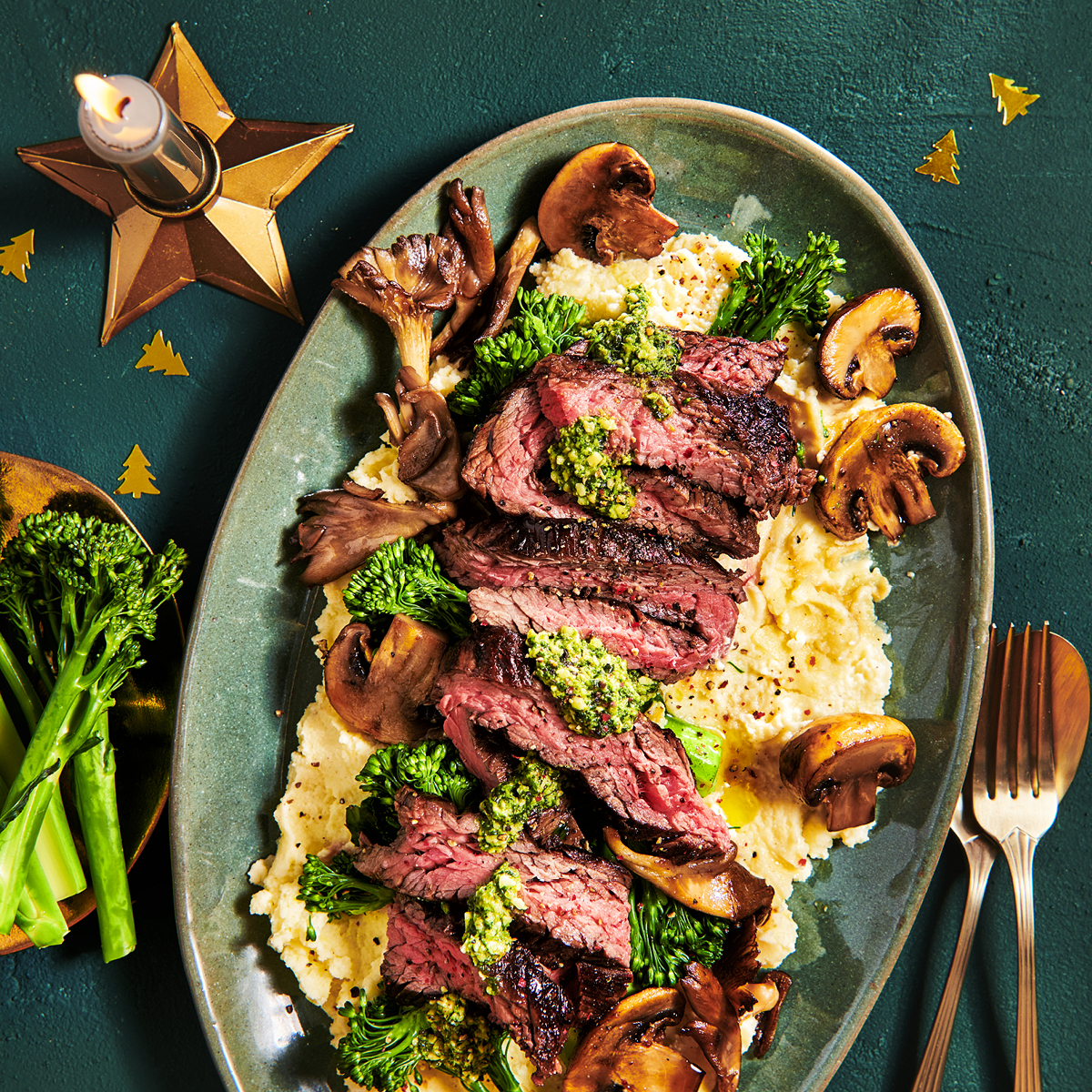 Bavette met pesto en kaaspuree