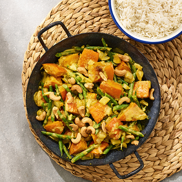 Pompoencurry met sperziebonen