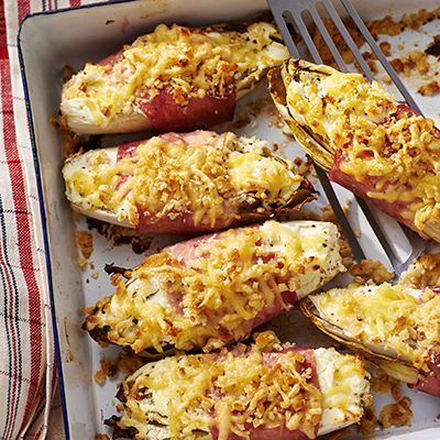 Gegratineerde witlof met ham en kaas